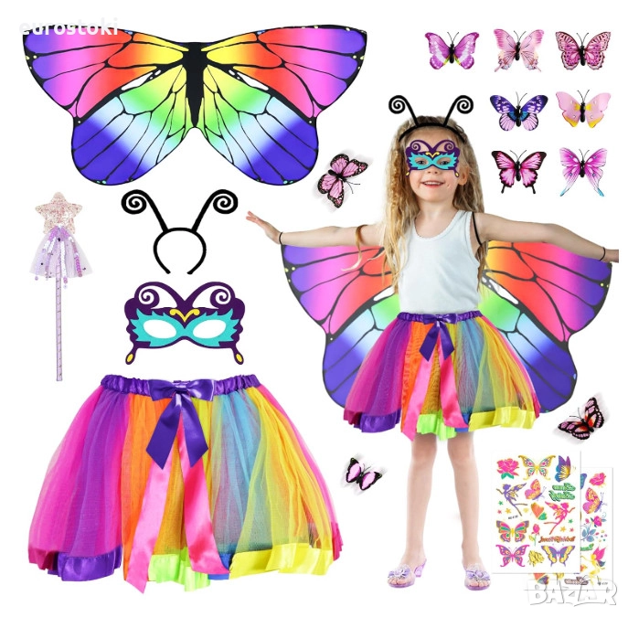 Детски костюм Пеперуда от 17 части, костюм на пеперуда за момичета на 3-8 години, с крила и комплект, снимка 1