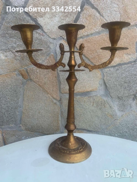 СВЕЩНИК МЕТАЛ БРОНЗ МЕСИНГ ТРОЙКА ОРНАМЕНТИ, снимка 1
