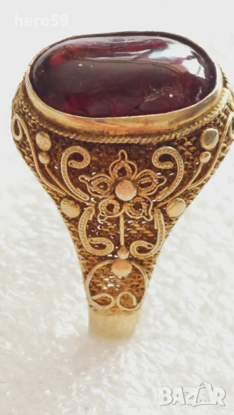 Дамски сребърен филигранен пръстен с живачна позлата 22к и инкрустиран чери кехлибар , снимка 1