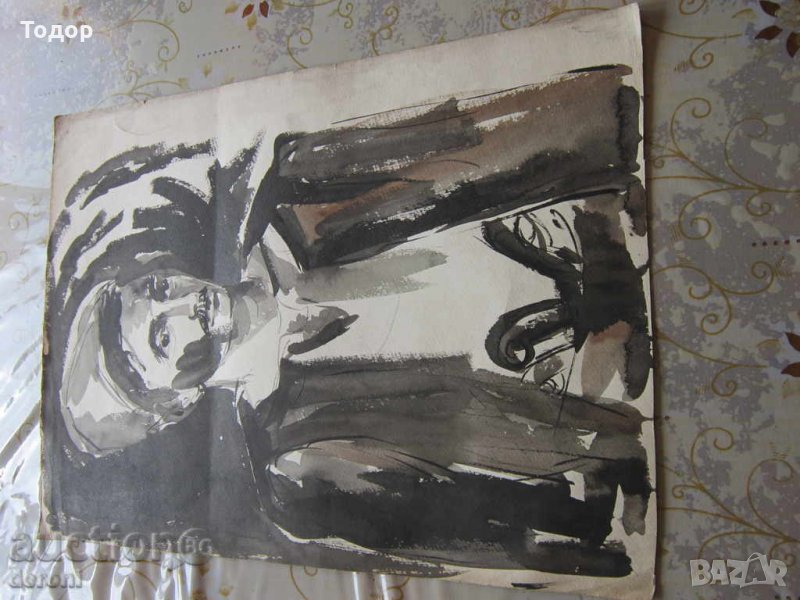 Стар акварел картина войвода хайдутин на картон 2, снимка 1