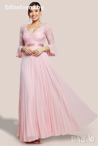 Дамска официална дълга рокля в цвят пудра с дантела и плисе, снимка 1