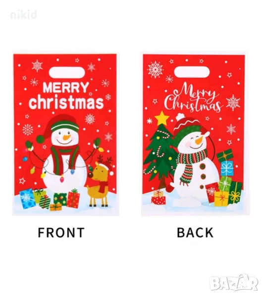 10 бр Двустранни снежен човек червени Коледни торбички за сладки подарък, снимка 1