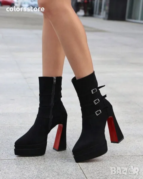 Боти на ток - черен велур - YSV3, снимка 1