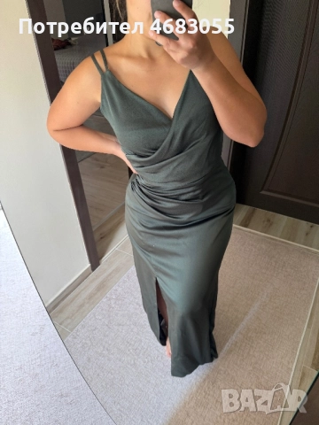 Елегантна сатенена рокля в маслиненозелено, снимка 2 - Рокли - 52797193