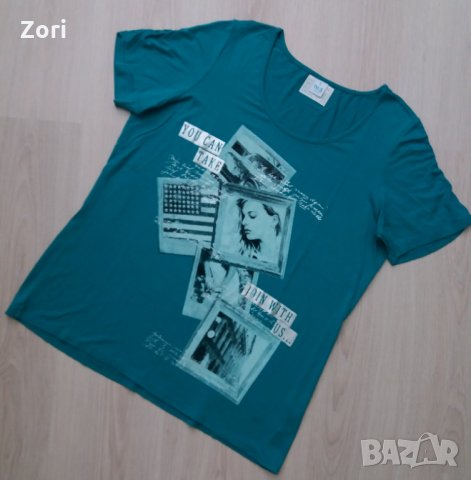 Синьо-зелена блуза със сребристо-бяла щампа, снимка 1 - Тениски - 29253582