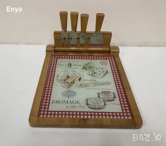 Дъска за сирена + 4 ножа + стъклена дъска - НОВИ, В КУТИЯ !