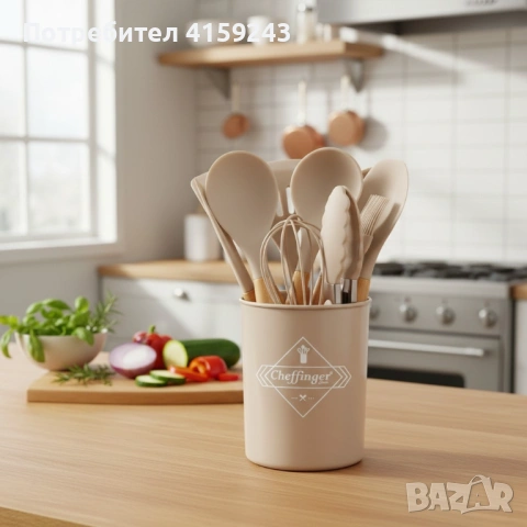 Комплект 12 части кухненски прибори със стойка Cheffinger – силиконови накрайници, дървени дръжки, т, снимка 7 - Прибори за хранене, готвене и сервиране - 53180635