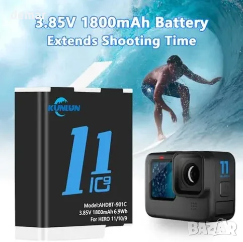 KUNLUN Hero 12/11/10/9 батерии 3 броя + 3-канално USB зарядно 1800mAh, снимка 3 - Батерии за лаптопи - 55827399