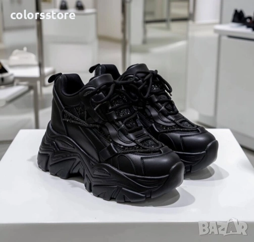 Кецове на платформа - черна кожа и брокат - 3SJN32 