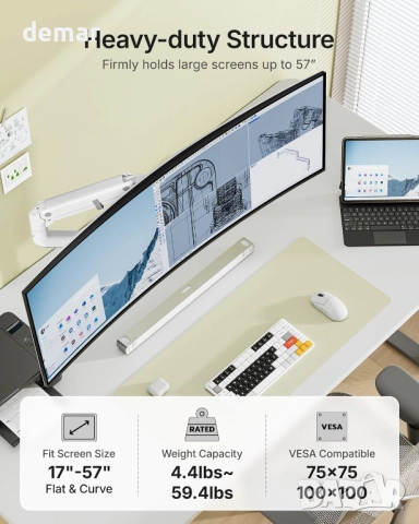 Стойка за монитор monTEK с USB-A/C за ултраширок извит 17-57",до 27 кг, снимка 2 - Стойки, 3D очила, аксесоари - 52280310