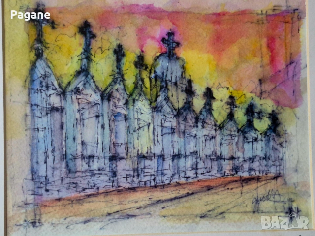 Оригинален акварел от Ню Орлиънс, САЩ – Metairie Cemetery (авт. Gundy), снимка 3 - Картини - 53302248