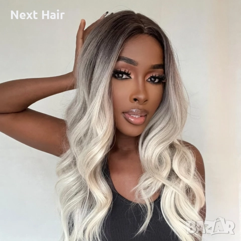 Омбре перука със средна дължина — тъмни корени и пепеляво светлоруси краища, чуплива текстура