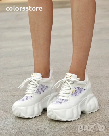 Кецове на платформа - бяла кожа и мрежа - PA90

