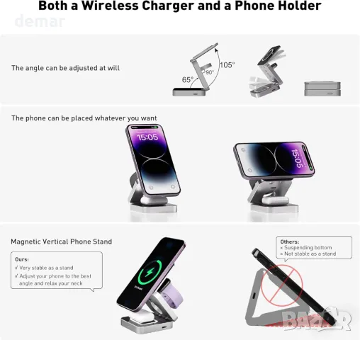 Kuject 3 в 1 безжична зарядна станция за iPhone, снимка 4 - Безжични зарядни - 49796549