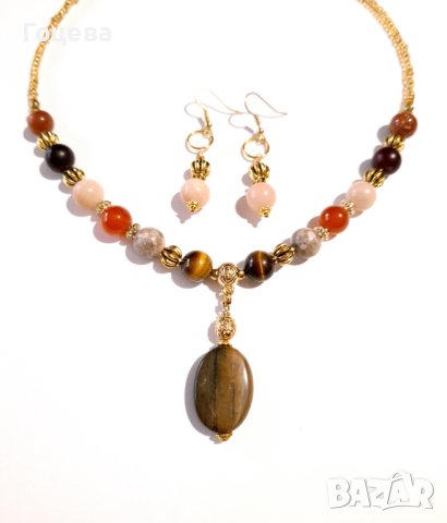 Прекрасен комплект бижута с Яспис Опал Слънчев камък Тигрово око Карнеол и орнаменти цвят злато , снимка 2 - Бижутерийни комплекти - 42611645