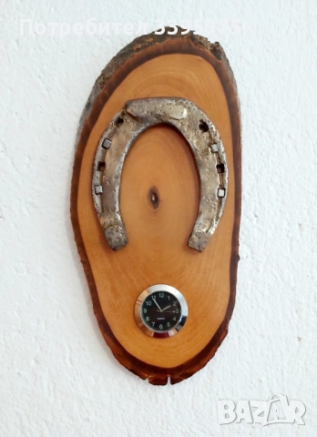 Подкова с часовник на дърво - ръчна изработка, снимка 5 - Стенни часовници - 51678103