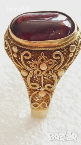 Дамски сребърен филигранен пръстен с живачна позлата 22к и инкрустиран чери кехлибар , снимка 1