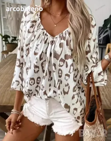 Дамска риза с три четвърти ръкав, V-образно деколте и леопардов принт , снимка 2 - Ризи - 50133966