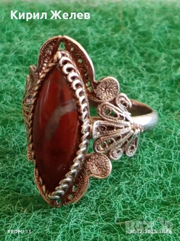 Винтидж сребърен пръстен богато орнаментиран с флорален мотив камък АХАТ ювелирна изработка 52660, снимка 3 - Пръстени - 52934771