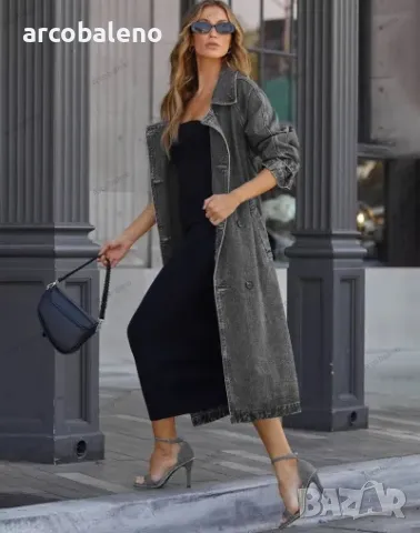 Дамско дънково памучно едноцветно свободно манто с дълги ръкави, копчета и двойни джобове, 2цвята , снимка 3 - Палта, манта - 47634038