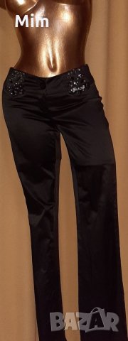 S Италиански сатенен,черен панталон с камъни, снимка 3 - Панталони - 32205827