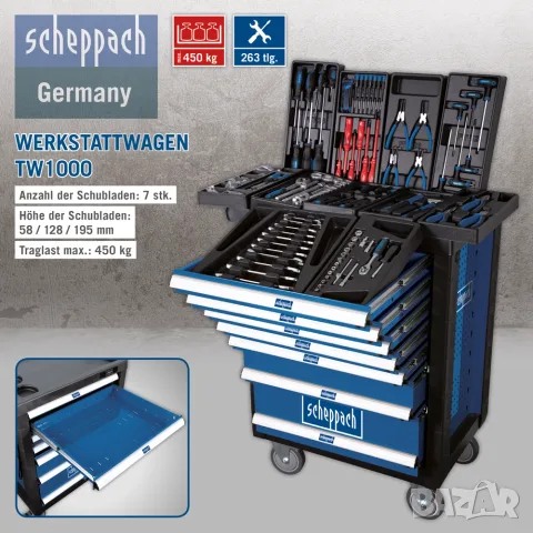 Количка с инструменти 263 части Scheppach TW1000, снимка 5 - Гедорета - 55723865