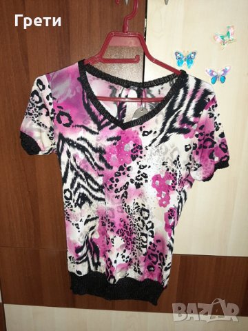 НОВА! С етикет! Дамска блуза с къс ръкав и акцент на гърба, размер М