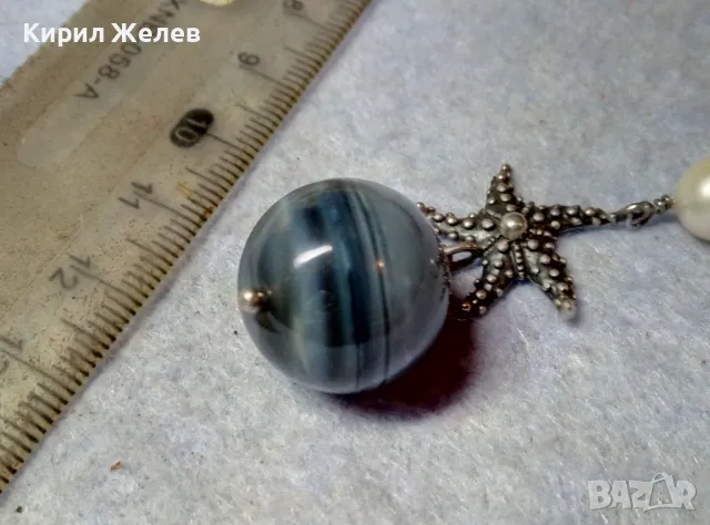 ШАРМАНТНА ЗВЕЗДОВИДНА СРЕБЪРНА ОБЕЦА СРЕБРО 925 с ЕСТЕСТВЕНА БЯЛА ПЕРЛА и ШЛИФОВАН ОБСИДИАН 48943, снимка 2 - Обеци - 48954855