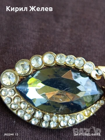 Ретро брошка тип папионка с сребристи кристали и зелени полу скъпоценни камъни 38846, снимка 2 - Антикварни и старинни предмети - 51145823