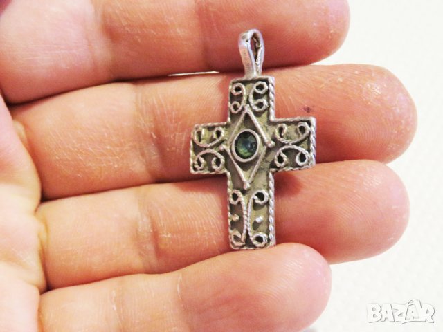 сребърен синджир с кръст, православен кръст с филигран и скъпоценен камък , снимка 4 - Колиета, медальони, синджири - 29969334