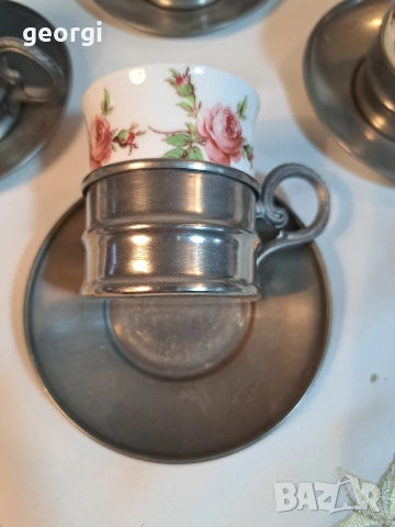 четири немски порцеланови чаши Gerold porzellan с калаени подстакани и чинийки 32/3, снимка 3 - Чаши - 53154986