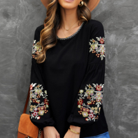 Дамска блуза в черно с дълъг ръкав и бродерия с цветя, снимка 8 - Блузи с дълъг ръкав и пуловери - 44631746
