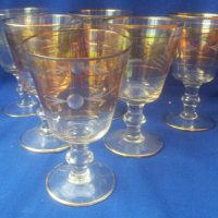 Комплект 6 чаши, калиево стъкло, златни кантове, ръчна гравюра, снимка 1 - Чаши - 36869395