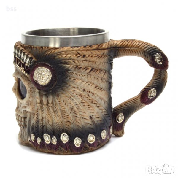 Код 95615 Стилна чаша от полирезин и метал с релефни декорации - череп на индианец, снимка 1