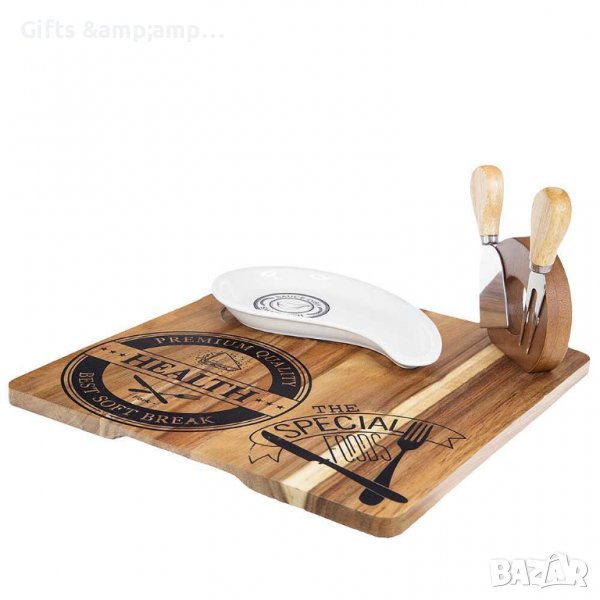 Бамбукова дъска за сервиране с порцеланова купичка и ножчета за сирена, снимка 1