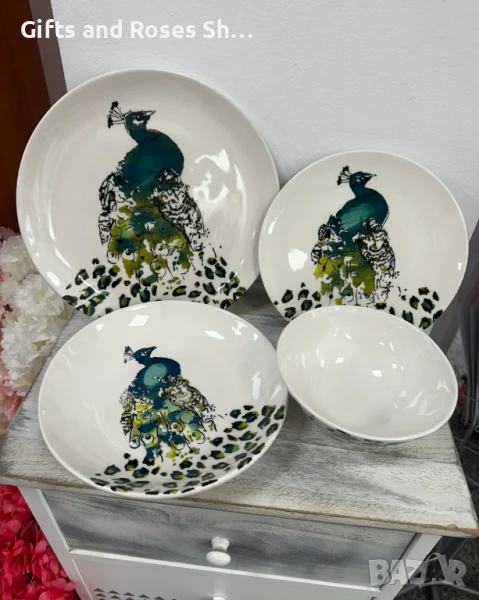 Комплекти от 6 броя чинии/купички с Паун - керамика, снимка 1