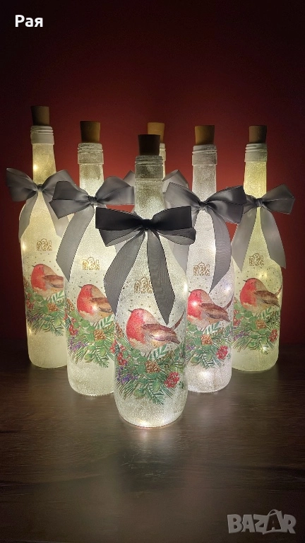 Коледна декупаж бутилка с LED, снимка 1
