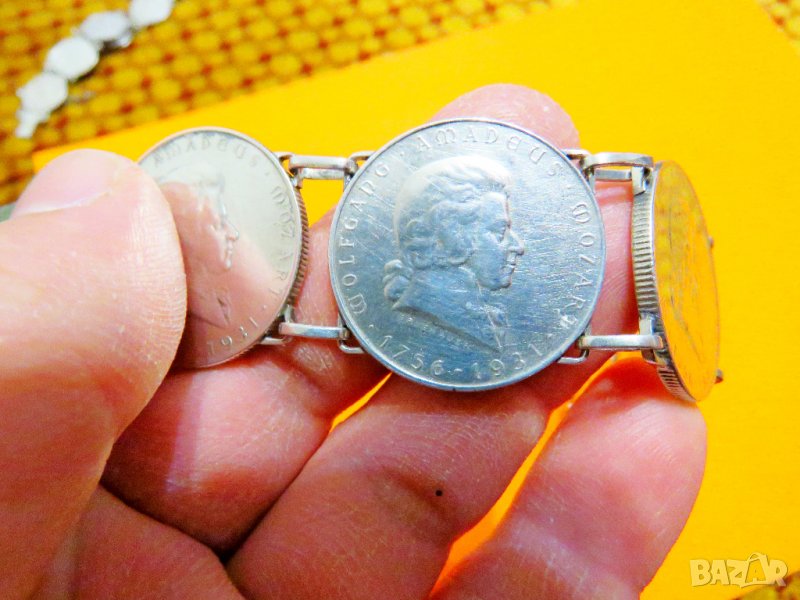 масивна мъжка сребърна гривна със сребърни  6 монети от  2 австрийски шилинга 1931г - 175 години , снимка 1