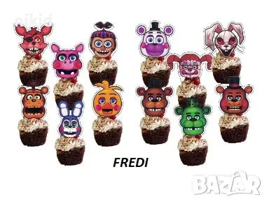 12 бр Фреди Five Nights at Freddy's Freddy топери клечки за за мъфини кексчета декор украса парти, снимка 1