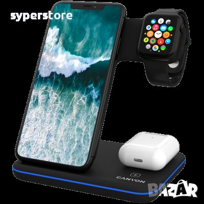 Безжично зарядно за телефон CANYON WS-303, 3in1 Wireless charger, Черен SS30259, снимка 1