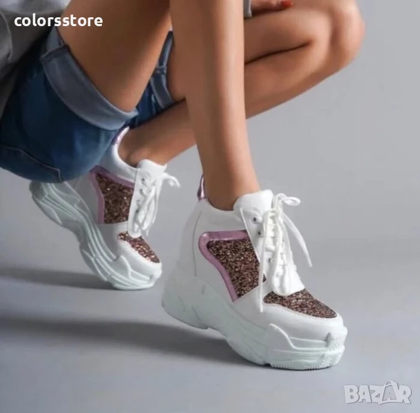 Кецове на платформа - бяла кожа с розов брокат - PA950 , снимка 1