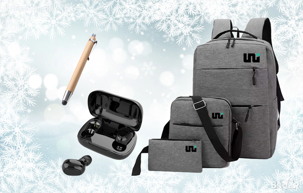 Раница, безжични слушалки и бамбуков химикал - ЗИМНА ПРОМОЦИЯ, снимка 1
