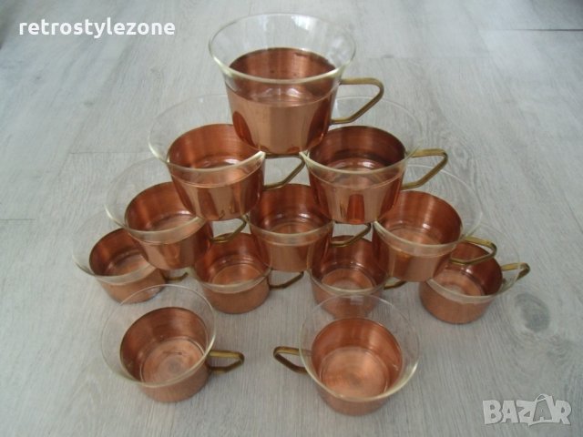 № 4664 комплект 12 броя метални / медни подстакани с чаши JENA GLAS  , снимка 3 - Сервизи - 30478804
