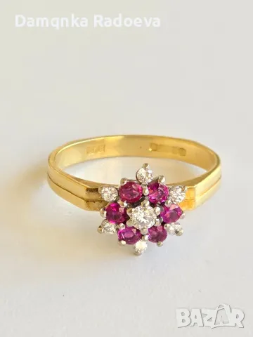 Златен пръстен с Диаманти и Рубини 18 карата,проба 750, снимка 2 - Пръстени - 47890971