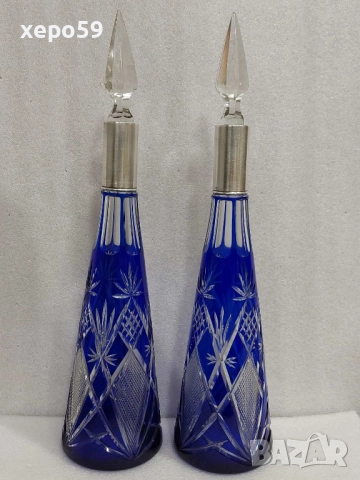  Прекрасни кристални бутилки за ликьор със сребърни гривни''Бохемия кристал-1900 год.сребро 800, снимка 2 - Сервизи - 52815053