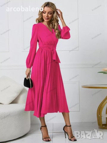 Дамска рокля с дълъг ръкав с тънък плисиран колан с V-образно деколте и пола с A-силует, 4цвята , снимка 10 - Рокли - 39147866