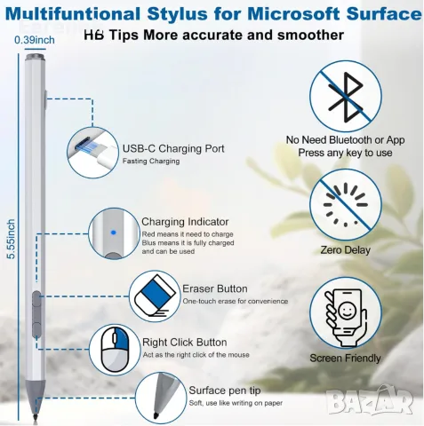 Стилус за Microsoft Surface, Surface Pro Stylus за Surface Pro 9/11/10/8/X/7/6/5/4/3, Surface Pro 11, снимка 2 - Друга електроника - 55843631