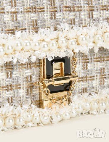 Дамска чанта букле в бяло и златно с декорация перли и дълга дръжка, снимка 2 - Чанти - 42339391