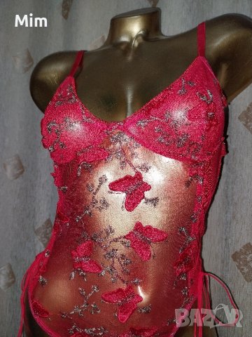 S/M Червено дантелено боди с релефни пеперуди , снимка 5 - Бельо - 42516670