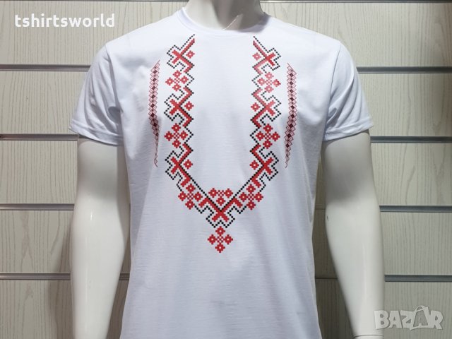 Нова мъжка бяла тениска с трансферен печат Шевица, Етно мотив, България, снимка 5 - Тениски - 31329081